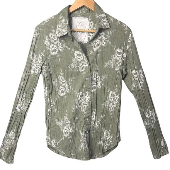 Cino Button Down Shirt Mimosa Tarragon Embroidered Crinkle Cotton Size XS NWOT - Picture 2 of 9